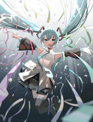  1girl :d absurdres black_background black_boots black_skirt black_sleeves blue_eyes blue_hair blue_necktie blush boots cac_itinose collared_shirt commentary_request detached_sleeves dress_shirt floating_hair full_body gradient_background hair_between_eyes hatsune_miku highres long_hair long_sleeves looking_at_viewer necktie outstretched_arms pleated_skirt shirt skirt sleeveless sleeveless_shirt smile solo spread_arms streamers thigh_boots tie_clip twintails very_long_hair vocaloid white_background white_shirt wide_sleeves 