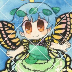  1girl antennae artist_name blue_background blue_hair butterfly_wings chibi chibi_only closed_mouth commentary dated dress eternity_larva fairy green_dress hair_ornament highres insect_wings leaf_hair_ornament looking_at_viewer maa_(forsythia1729) multicolored_dress orange_eyes outstretched_arms short_sleeves smile solo spread_arms touhou traditional_media watermark watermark_grid wings yellow_wings 