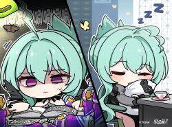  1girl ahoge aqua_hair book bottle chibi chibi_only chinese_commentary chinese_text closed_eyes commentary_request cup desk_lamp drooling energy_drink frown holding holding_bottle hugging_object lamp mole mole_under_eye nyx_(stella_sora) official_art open_book pillow quill saucer shaded_face short_hair_with_long_locks sleeping sleeping_upright sound_effects stella_sora sweatdrop teacup translation_request violet_eyes writing zzz 