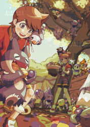  1boy 1girl =_= absurdres artist_name basket berry_(pokemon) black_gloves black_shorts blue_eyes blunt_bangs blush brown_hair cart chimchar closed_eyes commentary cranidos croagunk eating english_commentary fangs figy_berry fingerless_gloves food food_in_mouth fruit gible gloves green_eyes highres hippopotas hippopotas_(male) holding holding_basket holding_food holding_fruit holding_pokemon in_tree jaboca_berry jacket kate_(pokemon) kellyn_(pokemon) kricketot leppa_berry machop mago_berry mime_jr. misdreavus munchlax on_head on_shoulder open_mouth oran_berry orange_socks outdoors pachirisu partially_fingerless_gloves pecha_berry pinap_berry piplup pokemon pokemon_(creature) pokemon_on_head pokemon_on_shoulder pokemon_ranger:_shadows_of_almia pokemon_ranger_(series) rawst_berry red_jacket shieldon shoes short_hair short_sleeves shorts sitrus_berry smile sneasel snover socks standing starly teeth tree turtwig upper_teeth_only watermark white_shoes wiki_berry zipsunz 