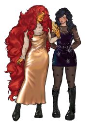  2girls black_boots black_pantyhose boots cellphone colored_sclera colored_skin dc_comics donna_troy dress earrings green_sclera hashtag-only_commentary highres holding holding_phone jewelry long_dress long_hair long_sleeves moon multiple_girls one_eye_closed orange_skin pantyhose phone plumplumpurin red_hair shirt_under_dress short_dress sleeveless sleeveless_dress smartphone star_(symbol) star_earrings starfire sun taking_picture tamaranean teen_titans very_long_hair wavy_hair 