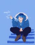  1boy between_fingers black_pants black_shirt blue_background blue_hair blue_jacket blush brown_footwear cigarette cigarette_pack collarbone cu_chulainn_(fate) earrings fate_(series) fur-trimmed_jacket fur_trim hal_(haaaalhal) highres holding holding_cigarette holding_cigarette_pack hood hooded_jacket jacket jewelry long_hair long_sleeves looking_to_the_side lower_teeth_only male_focus marlboro necklace open_mouth pants red_eyes shirt signature sitting smoke smoking solo stairs teeth 