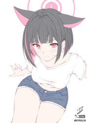  1girl 3: absurdres alternate_costume animal_ears bilingual_commentary black_hair blue_archive blunt_bangs blunt_ends blush bob_cut breasts casual cat_ears cat_girl closed_mouth colored_inner_animal_ears colored_inner_hair commentary cowboy_shot cutoffs dated denim denim_shorts embarrassed english_commentary extra_ears from_above frown furrowed_brow hair_behind_ear hair_intakes halo highres kazusa_(blue_archive) looking_at_viewer medium_breasts midriff mixed-language_commentary multicolored_hair pink_hair pink_halo realen red_eyes shirt short_shorts short_sleeves shorts signature simple_background sitting solo sweatdrop t-shirt thigh_gap thighs twitter_username two-tone_hair white_background white_shirt 