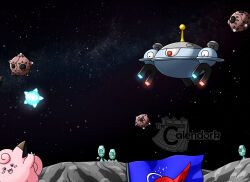  artist_name blush blush_stickers clefairy commentary elgyem english_commentary fang flag floating highres magnet magnezone minior minior_(blue_core) minior_(core) minior_(meteor) no_humans open_mouth pokemon pokemon_(creature) pokemon_focus smile space star_(sky) thecalendork watermark 