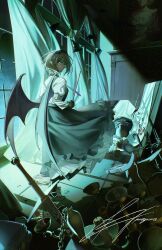  1girl bat_(animal) bat_wings black_dress black_gloves blood blood_splatter breasts broken_window candelabra candlestand check_commentary collared_shirt commentary_request criss-cross_back-straps danganronpa_(series) danganronpa_v3:_killing_harmony dress eyelashes from_behind gloves glowing glowing_eyes green_eyes hairband highres holding lace-trimmed_hairband lace_trim long_dress long_sleeves looking_back maid_headdress messy_room night open_window partyu pointy_ears shirt short_hair sidelighting signature slit_pupils solo standing sword tojo_kirumi vampire weapon white_shirt wind wind_lift window wings 