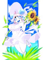  :d absurdres ahoge blue-chan_(bourbunbun) blue_hair blue_nails bourbunbun breasts colored_eyelashes colored_mouth colored_skin commentary double_bun dress english_commentary flower grass hair_bun halftone hat heart heart_ahoge highres large_breasts multicolored_hair original pink_hair sandals short_eyebrows smile sun_hat sundress sunflower thigh_strap two-tone_hair white_dress white_skin 