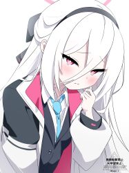 1girl absurdres black_bow black_hairband black_vest blue_archive blue_necktie blush bow bright_pupils clenched_hand closed_mouth collared_shirt commentary_request double-parted_bangs frown hair_between_eyes hair_bow hairband half_updo halo hand_up highres jacket kei_(blue_archive) kei_(new_body)_(blue_archive) long_hair long_hair_between_eyes long_sleeves looking_at_viewer necktie nepi_r open_clothes open_jacket pink_halo puffy_long_sleeves puffy_sleeves red_eyes ringed_eyes school_uniform shirt shy simple_background soap_bubbles solo split_mouth tsurime upper_body very_long_hair vest watermark white_background white_hair white_jacket white_pupils white_shirt 
