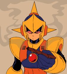  1boy android colored_sclera drugs enker_(mega_man) green_eyes helmet highres joint_(drug) looking_at_viewer male_focus marijuana mega_man:_dr._wily's_revenge mega_man_(classic) mega_man_(series) red_sclera simple_background solo stoned submarinechamomile upper_body 