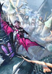  1boy ^_^ artist_name bare_tree bird black_boots black_capelet black_horns black_jacket boots bridge building capelet cathedral church closed_eyes closed_mouth colored_eyelashes day dragon_boy dragon_horns dragon_tail dragon_wings durin_(genshin_impact) english_commentary flying genshin_impact gloves hair_between_eyes highres horns house instagram_logo jacket long_sleeves male_focus medium_hair mondstadt_city open_mouth outdoors outstretched_arms pants purple_hair ryrmcher sleeve_cuffs smile snow spread_arms stained_glass tail tree twitter_username twitter_x_logo vision_(genshin_impact) water watermark white_gloves white_pants windmill wings winter 