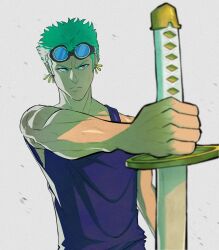  1boy blue_tank_top commentary earrings goggles goggles_on_head green_hair highres holding holding_sword holding_weapon jewelry male_focus moewndr one_piece roronoa_zoro short_hair sideburns solo sword tank_top upper_body weapon white_background 