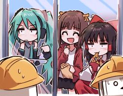  2024_niconico_cyberattack 3girls ^_^ alternate_eye_color amami_haruka black_eyes black_hair black_skirt black_sleeves blue_hair blue_necktie blush bow brown_hair closed_eyes closed_mouth collared_shirt commentary_request constricted_pupils crossover detached_sleeves downtown_no_gaki_no_tsukai_ya_arahende!! eating food food_in_mouth french_fries from_inside frown furrowed_brow gloom_(expression) grey_shirt hair_bow hair_ribbon hair_tubes hakurei_reimu hard_hat hatsune_miku headphones helmet holding holding_food holding_plate idolmaster idolmaster_(classic) jacket long_hair long_sleeves looking_at_another looking_inside medium_hair multiple_crossover multiple_girls necktie nerunerunerune nervous_sweating niconico o_o open_clothes open_jacket open_mouth plate red_bow red_jacket red_skirt revision ribbon shirt skirt sleeveless sleeveless_shirt smile squatting sweat terebi-chan touhou twintails v-shaped_eyebrows vocaloid waiting white_shirt white_sleeves window yellow_ribbon yukitake_(bullfalk) 