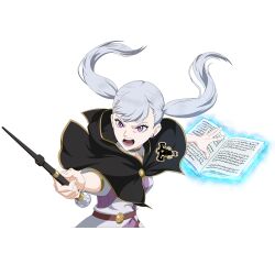  1girl absurdres black_bulls_(emblem) black_capelet black_clover black_clover_m:_rise_of_the_wizard_king book capelet dress earrings grey_hair grimoire highres holding holding_wand jewelry looking_at_viewer noelle_silva non-web_source official_art open_book open_mouth pink_dress pink_eyes simple_background solo teeth transparent_background twintails two-tone_dress wand white_dress 