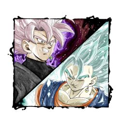  1rasutotoukou 2boys aura black_shirt blue_eyes blue_hair blue_shirt border dragon_ball dragon_ball_super goku_black grey_eyes grey_tunic hashtag-only_commentary highres medium_hair multiple_boys muscular muscular_male orange_shirt parted_lips pink_hair shirt smirk spiky_hair tunic upper_body vegetto white_border 