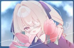  1girl blazer blue_border blue_jacket blue_necktie blue_ribbon blush border clouds collared_shirt colored_inner_hair drill_hair eyepatch fang flower grey_hair hair_intakes hair_ribbon hashtag-only_commentary highres holding holding_flower jacket long_hair long_sleeves looking_at_viewer makaino_ririmu medical_eyepatch monitoring_(vocaloid) multicolored_hair necktie nijisanji official_alternate_costume official_alternate_hairstyle open_mouth pink_flower pink_hair pink_streaks pink_tulip pointy_ears portrait red_eyes ribbon school_uniform shirt sidelocks sky solo sparkle standing streaked_hair tulip two-tone_hair two_side_up virtual_youtuber white_shirt xx0_il 