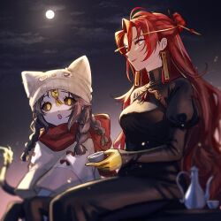  2girls :o alternate_costume animal_ear_headwear beanie black_dress black_sclera black_sky capelet chuyi_(xinyue_tongxing) colored_sclera cowboy_shot cup dress full_moon gloves hair_bun hat juliet_sleeves kettle long_eyebrows long_hair long_sleeves moon moonlight multiple_girls night open_mouth puffy_sleeves red_eyes red_hair red_scarf scarf sitting sky smile tri_braids very_long_hair white_capelet xingshen_(xinyue_tongxing) xinyue_tongxing yanny_(tgtxgamemode) yellow_eyes yellow_gloves yellow_hat 