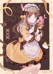  1girl animal_ears apron artist_name bang_dream! black_gloves blue_eyes bow breasts brown_hair cake cat cat_ears cat_girl chihaya_anon chinese_commentary clothing_cutout commentary_request dress food frills fruit gloves hair_ornament heart highres holding long_hair looking_at_viewer maid maid_apron maid_headdress medium_breasts nagasaki_soyo puffy_short_sleeves puffy_sleeves short_sleeves solo strawberry strawberry_slice yinranluo 