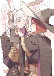  2girls animal_ears belt black_hat blush closed_eyes commentary_request female_robin_(fire_emblem) fire_emblem fire_emblem_awakening glasses gloves hair_tubes hand_on_another's_ear hat heart highres hooded_robe looking_at_another miriel_(fire_emblem) multiple_boys multiple_girls open_mouth rabbit_ears rabbit_girl rabbit_tail red-framed_eyewear red_hair robe tail tsujii_luki twintails white_hair witch_hat wizard_hat wrist_guards 