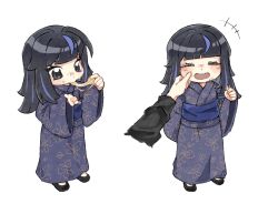  1girl :d araya_(project_moon) black_hair black_sandals blue_kimono blue_sash blue_streaks blush butterfly_print_kimono closed_eyes commentary_request eating food food_on_face full_body grey_eyes hand_on_another's_cheek hand_on_another's_face highres holding holding_food japanese_clothes kimono lana_de_kafei_bei limbus_company long_hair looking_at_food obi project_moon sandals sash sidelocks simple_background smile standing teeth upper_teeth_only white_background wide_sleeves 