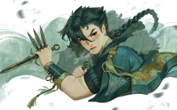  1boy amonimy arm_garter artist_name black_shirt blush bracer braid brown_eyes cape cloak clouds commentary dagger floral_print fur-trimmed_cape fur_trim green_background green_cape green_cloak green_hair green_trim highres holding holding_dagger holding_knife holding_weapon knife light_particles long_hair looking_at_viewer male_focus mullet open_mouth original portrait print_cape shirt single_braid snake_print solo symbol-only_commentary tassel upper_body weapon 