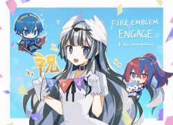  1boy 1other 2girls anniversary aura black_choker black_hair blue_aura blue_eyes blue_hair breasts chibi choker commentary_request copyright_name female_alear_(fire_emblem) fire_emblem fire_emblem:_mystery_of_the_emblem fire_emblem_engage grey_hair hair_ornament heterochromia highres long_hair looking_at_viewer marth_(fire_emblem) medium_breasts multicolored_hair multiple_girls official_alternate_hairstyle piyotto22 red_eyes red_hair small_breasts smile sommie_(fire_emblem) split-color_hair two-tone_hair very_long_hair veyle_(fire_emblem) violet_eyes wavy_hair wing_hair_ornament 