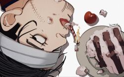  1boy bandage_over_one_eye birthday black_eyes black_hair cake cake_slice candle close-up commentary derivative_work facial_hair food from_above goatee_stubble golden_kamuy h4tter highres looking_up male_focus ogata_hyakunosuke plate sanpaku scar scar_on_cheek scar_on_face screenshot_redraw short_hair sideburns solo stubble symbol-only_commentary tongue tongue_out tsurime upside-down 