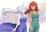  2girls ahoge aqua_dress artist_name bare_shoulders closed_eyes closed_mouth collarbone dark-skinned_female dark_skin dress floating_hair green_dress grey_hair gundam gundam_suisei_no_majo highres holding_hands jewelry long_hair mifuyu_nemuro miorine_rembran multiple_girls necklace official_alternate_costume official_alternate_hairstyle purple_dress red:birthmark_(song) redhead see-through see-through_sleeves simple_background smile strapless strapless_dress suletta_mercury very_long_hair wind yuri 