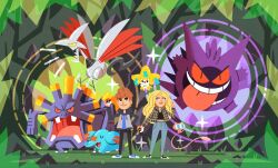  1boy 1girl aqua_eyes black_pants black_shirt black_shoes blonde_hair blue_pants blue_shirt blue_shoes brown_hair closed_eyes closed_mouth commentary commission couple curly_hair english_commentary exploud floating flying gengar grass grey_jacket hand_on_own_hip highres holding holding_poke_ball hood hood_down hooded_jacket jacket jirachi julesdrawz lips long_hair long_sleeves lower_teeth_only mew_(pokemon) nostrils open_mouth original outdoors pants phanpy plaid_clothes plaid_jacket poke_ball poke_ball_(basic) pokemon pokemon_(creature) pokemon_team sharp_teeth shirt shoes short_hair skarmory smile standing teeth tongue tongue_out toon_(style) v-neck v-shaped_eyes 