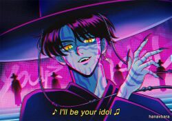  1990s_(style) 5boys abby_(kpop_demon_hunters) baby_(kpop_demon_hunters) black_hair commentary earrings english_commentary facial_mark fangs faux_retro_artstyle fingernails gat_(hat) hanavbara hat jewelry jinu_(kpop_demon_hunters) korean_clothes kpop_demon_hunters male_focus multiple_boys mystery_(kpop_demon_hunters) open_mouth retro_artstyle romance_(kpop_demon_hunters) sharp_fingernails short_hair single_earring slit_pupils smile subtitled upper_body yellow_eyes 