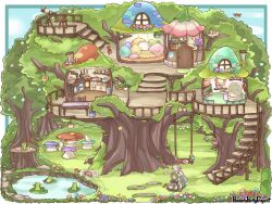  2girls :d animal black_dress blue_flower blunt_bangs border chair chigu chimney closed_eyes closed_mouth clouds commentary_request cooking_pot copyright_name crescent cut-away day door drawer dress flower frog frying_pan grass green_dress grey_hair head_wreath lily_pad long_hair multiple_girls mushroom musical_note official_art open_mouth outdoors outside_border pandora_party_project pillow purple_flower rabbit red_flower short_hair sitting smile spatula spoken_musical_note squirrel stairs swing table telescope tree treehouse white_border window yellow_flower 