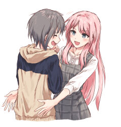  +++ 2girls :d ^_^ bang_dream! bang_dream!_it's_mygo!!!!! blush brown_jacket chihaya_anon closed_eyes collarbone commentary cowboy_shot cropped_legs dress grey_dress grey_eyes grey_hair highres jacket jewelry laughing long_hair multiple_girls necklace open_mouth pinafore_dress pink_hair short_hair simple_background sleeveless sleeveless_dress smile takamatsu_tomori textless_version three-quarter_sleeves white_background yukitake_(bullfalk) 