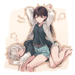  2girls bang_dream! bang_dream!_it's_mygo!!!!! bare_legs belt black_shirt border brown_belt brown_hair closed_eyes collared_jacket commentary furigana green_skirt hand_on_another's_knee highres jacket kaname_raana layered_sleeves long_hair long_sleeves lying miniskirt mole mole_under_eye multiple_girls on_bed on_side outline raana_the_cat revision shiina_taki shirt short_hair short_over_long_sleeves short_sleeves single_tear sitting skirt sleeping sleeves_past_wrists stretching two-tone_background v-shaped_eyebrows waking_up white_border white_hair white_shirt white_skirt yukitake_(bullfalk) 