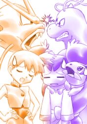  2girls =_= absurdres angry axew clenched_teeth closed_eyes commentary_request cropped_jacket dragonite fangs gyarados hands_on_own_hips highres in-franchise_crossover iris_(pokemon) kuroki_shigewo limited_palette long_hair long_sleeves looking_at_another misty_(pokemon) multiple_girls official_alternate_costume on_shoulder open_mouth pokemon pokemon_(anime) pokemon_(creature) pokemon_bw_(anime) pokemon_on_shoulder pokemon_rse_(anime) shirt short_hair short_sleeves side_ponytail simple_background smile sweatdrop teeth white_background 