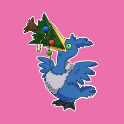  animal_focus bird christmas_ornaments christmas_tree commentary cramorant english_commentary highres no_humans outline pierced-yeen pink_background pokemon pokemon_(creature) pokemon_focus simple_background white_outline 