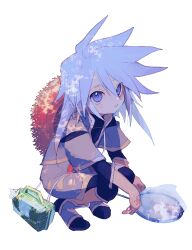  1boy absurdres blue_eyes blush bug_cage butterfly_net clothing_cutout commentary_request genis_sage hair_between_eyes hand_jewel hand_net hat highres layered_sleeves looking_at_viewer male_focus nancykittyu parted_lips short_sleeves shoulder_cutout simple_background solo spiky_hair squatting straw_hat tales_of_(series) tales_of_symphonia three-quarter_sleeves white_background white_hair 