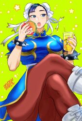  1girl black_hair blue_dress blue_eyes blue_hair boots bracelet breasts brown_pantyhose bun_cover burger china_dress chinese_clothes chun-li crossed_legs cup disposable_cup double_bun dress drink drinking_glass drinking_straw earrings eating food green_background hair_bun holding holding_burger holding_cup holding_drink holding_food jewelry large_breasts looking_to_the_side mcdonald's misodiru open_mouth pantyhose pearl_earrings pelvic_curtain puffy_short_sleeves puffy_sleeves sash short_sleeves simple_background sitting solo spiked_bracelet spikes star_(symbol) street_fighter teeth thick_thighs thighs upper_teeth_only white_sash 