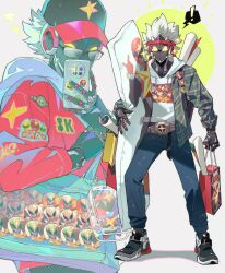  ! 12mo34mo56 1boy alternate_costume bag baseball_cap belt billy_kid black_shoes blue_pants blush clothed_robot commentary_request dakimakura_(object) glasses green_jacket hat highres holding holding_bag holding_phone hood hoodie humanoid_robot jacket male_focus multiple_views pants phone pillow poster_(object) red_jacket robot robot_boy selfie shoes shopping_bag simple_background sparkle spiky_hair spoken_exclamation_mark star_(symbol) white_background white_hair white_hoodie yellow_eyes zenless_zone_zero 