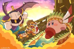  bandana_waddle_dee blue_eyes blush_stickers bridge coat commentary_request flying full_body hat holding holding_mallet king_dedede kirby kirby_(series) mallet meta_knight open_mouth polearm red_coat red_hat roku_(rokkrn) signature solid_oval_eyes spear weapon wing_kirby wings yellow_eyes 