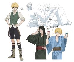  2boys absurdres annoyed black_hair black_kimono black_shorts black_socks blonde_hair blue_eyes blue_kimono boots bottle brown_boots brown_sash bucket commentary_request fallen_down fate/strange_fake fate_(series) flat_escardos green_vest hand_on_own_head hand_on_own_hip hands_on_own_hips highres holding holding_bottle japanese_clothes kimono korean_commentary korean_text lace-up_boots lord_el-melloi_ii male_focus mop multiple_boys multiple_views obi one_eye_closed partially_colored pinstripe_kimono pinstripe_pattern potato_goril red_sash sash shirt shorts simple_background socks spoken_squiggle squiggle sweat teacher_and_student tongue tongue_out vest waver_velvet white_background white_shirt yukata 