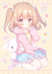  1girl between_legs blue_bow blue_skirt blush borrowed_character bow brown_eyes brown_hair candy cherry closed_mouth commentary_request commission drawstring flag food food-themed_hair_ornament fruit full_body hair_bobbles hair_ornament hairclip hanasakichu hand_between_legs hand_up highres hood hood_down hoodie lollipop long_hair long_sleeves looking_at_viewer omelet omurice open_clothes open_hoodie original pink_bow pink_hoodie pink_shoes polka_dot polka_dot_bow shirt shoes sitting skeb_commission skirt sleeve_bow smile sneakers socks solo star_(symbol) star_hair_ornament strawberry strawberry_hair_ornament swirl_lollipop twitter_username two_side_up wariza white_socks yellow_background yellow_shirt 