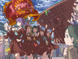  6+girls :d ^_^ aqua_neckerchief arm_up arms_up black_gloves black_hair black_pantyhose black_socks blonde_hair blue_hair blue_sky blunt_bangs blunt_ends bob_cut brown_dress brown_hair brown_shirt brown_shoes center-flap_bangs clenched_hand closed_eyes closed_mouth commentary_request confetti day dress feet_out_of_frame flag flower_knot foot_out_of_frame frilled_shirt frills fujishima_megumi gloves green_eyes grey_eyes hair_bun hair_ornament half_gloves hasu_no_sora_school_uniform highres hinoshita_kaho holding holding_flag holding_hands index_finger_raised interlocked_fingers inverted_bob ishikawa_prefecture kachimachi_kosuzu kanazawa_(city) kanazawa_station lao_ren_xing link!_like!_love_live! loafers long_hair long_sleeves looking_at_another love_live! love_live!_victory_flag medium_dress medium_hair momose_ginko multicolored_hair multiple_girls neckerchief open_hand orange_hair osawa_rurino otomune_kozue outdoors pantyhose people pink_eyes pink_hair pleated_dress profile purple_hair red_hair red_neckerchief sailor_collar sailor_dress school_uniform shirt shoes short_hair side_ponytail sidelocks single_side_bun sky smile socks split_mouth star_(symbol) star_hair_ornament streaked_hair teeth upper_teeth_only virtual_youtuber w wavy_hair white_hair white_sailor_collar white_socks winter_uniform yellow_neckerchief yugiri_tsuzuri 