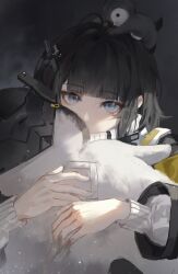  1girl absurdres animal animal_on_head arknights arknights:_endfield bird black_hair black_jacket blue_eyes commentary covered_mouth elyzerda endministrator_(arknights) english_commentary female_endministrator_(arknights) highres holding jacket light_particles long_sleeves looking_at_viewer on_head penguin short_hair solo sweater upper_body white_sweater 