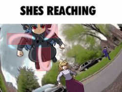  ahoge ai-generated_art_(topic) angry arcueid_brunestud attack black_bow black_capelet black_dress black_hair blonde_hair blue_hair bow capelet curtained_hair dress gakuran hair_intakes hitbox imminent_attack kagetsu_tooya len_(tsukihime) long_hair long_skirt looking_at_viewer melty_blood meme officer_flying_pov_(meme) open_mouth pointy_ears purple_skirt red_eyes ririrumiko running school_uniform short_hair skirt sweater tohno_shiki tsukihime turtleneck turtleneck_sweater white_sweater 