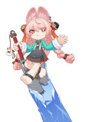  1girl :3 absurdres animal_ear_fluff animal_ear_piercing animal_ears ankle_strap barefoot black_dress blue_shirt body_fur braid braided_twintails chinese_commentary closed_mouth commentary_request dress furry furry_female hair_ornament hatsuneya highres holding holding_sword holding_weapon huge_weapon long_hair long_sleeves looking_at_viewer pinafore_dress pink_fur pink_hair rabbit_ears rabbit_girl rabbit_tail red_eyes screw shirt simple_background sleeveless sleeveless_dress solo sphere_hair_ornament sword tail twin_braids weapon white_background zenless_zone_zero zhao_(zenless_zone_zero) 