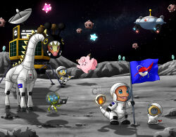  aqua_eyes artist_name black_eyes blush blush_stickers bright_pupils charmander clefairy closed_eyes clothed_pokemon commentary computer dewpider elgyem english_commentary fang fangs farigiraf fire flag flame-tipped_tail floating helioptile helmet highres holding holding_flag holding_laptop laptop lunar_lander magnet magnezone meltan midair minior minior_(blue_core) minior_(core) minior_(meteor) minior_(red_core) no_humans nostrils on_moon one-eyed open_mouth poke_ball_symbol pokemon pokemon_(creature) pokemon_focus radar_dish rock shadow smile space space_helmet spacecraft spacesuit star_(sky) tail thecalendork watermark white_pupils 