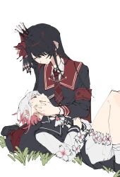  2girls absurdres aiu_ryo armband black_dress black_hair bow bowtie brooch closed_eyes closed_mouth collared_dress collared_shirt commentary_request crown crying dress facing_another flower gradient_hair grass hair_flower hair_ornament hand_on_another's_head hands_on_own_chest highres jewelry knees_up lap_pillow long_hair long_sleeves lying lying_on_lap mahou_shoujo_no_majo_saiban mini_crown multicolored_hair multiple_girls necktie nikaido_hiro on_back pink_hair red_armband red_flower red_necktie red_sailor_collar sailor_collar sakuraba_ema shirt short_hair shorts sitting sleeveless sleeveless_dress socks straight_hair tears white_background white_bow white_bowtie white_flower white_hair white_shirt white_shorts white_socks yokozuwari yuri 