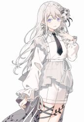  1girl bang_dream! bang_dream!_our_notes black_necktie blue_eyes flower hair_flower hair_ornament hand_up highres long_hair long_sleeves looking_at_viewer migolu necktie open_mouth shiomi_hotaru shirt simple_background skirt solo white_background white_hair white_shirt white_skirt 