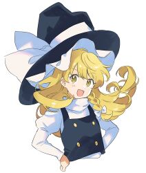  1girl :d black_hat black_vest blonde_hair bow braid buttons commentary_request cropped_torso hair_bow hands_on_own_hips hat hat_bow highres juliet_sleeves kirisame_marisa light_blush long_hair long_sleeves natsume_(menthol) open_mouth puffy_sleeves shirt single_braid smile solo touhou upper_body vest white_background white_bow white_shirt witch_hat yellow_eyes 