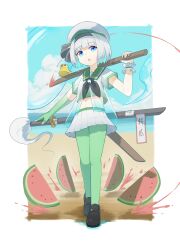  1girl absurdres alternate_costume beach beret black_hairband black_neckerchief blue_eyes blue_sky bokken brown_shoes chinese_commentary clouds commentary_request commission day edsky0309 elbow_gloves fingerless_gloves food fruit full_body gloves green_pantyhose green_sailor_collar grey_hair hairband hat highres hitodama katana konpaku_youmu konpaku_youmu_(ghost) loafers midriff navel neckerchief ocean open_mouth outdoors pantyhose pleated_skirt rubber_duck sailor_collar sailor_shirt second-party_source see-through_clothes sheath shirt shoes single_glove single_wrist_cuff skirt sky solo sword touhou translation_request watermelon watermelon_slice weapon weapon_on_back white_gloves white_hat white_skirt wooden_sword wrist_cuffs 