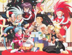  1990s_(style) ^_^ alcohol animal_ears aqua_hair black_choker black_hair black_leotard black_pantyhose blonde_hair bottle box candle candlelight candlestand choker christmas christmas_tree cleavage_cutout closed_eyes clothing_cutout cocktail_glass confetti cup drinking_glass drunk earrings facial_mark fake_animal_ears fake_tail forehead_mark freckles fur_trim gift gift_box green_hair grin hair_bobbles hair_ornament hakubi_washuu heart heart_earrings high_ponytail holding holding_gift jewelry kuramitsu_mihoshi leotard long_hair long_sleeves masaki_aeka_jurai masaki_sasami_jurai masaki_tenchi non-web_source official_art open_mouth pantyhose pink_hair playboy_bunny pointy_ears ponytail purple_hair rabbit_ears rabbit_tail red_eyes retro_artstyle rug ryou-ouki ryouko_(tenchi_muyou!) santa_costume sitting smile spiky_hair standing sweater tail tenchi_muyou! tongue tongue_out turtleneck turtleneck_sweater twintails very_long_hair wariza wine wine_bottle wrist_cuffs yellow_eyes 