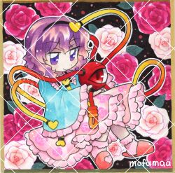  1girl artist_name black_hairband blue_shirt buttons closed_mouth collared_shirt commentary eyeball floral_print flower frilled_shirt_collar frilled_skirt frilled_sleeves frills hair_ornament hairband heart heart_button heart_hair_ornament highres komeiji_satori looking_at_viewer maa_(forsythia1729) pink_flower pink_rose pink_skirt pink_slippers print_skirt purple_hair ribbon-trimmed_collar ribbon_trim rose rose_print shikishi shirt skirt slippers smile socks solo third_eye touhou traditional_media violet_eyes watermark watermark_grid white_socks 